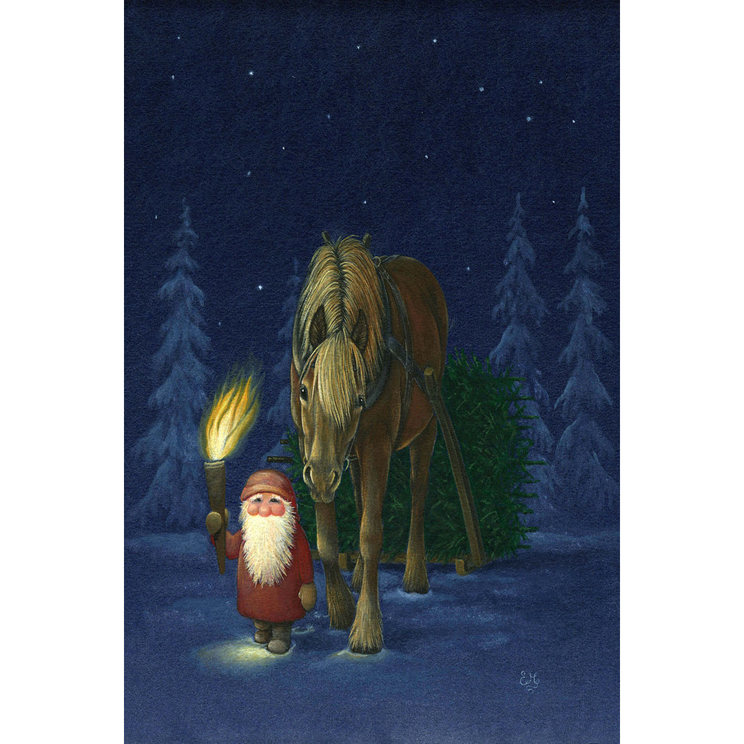 Paper Poster, Eva Melhuish, Tomte and Horse with Torch