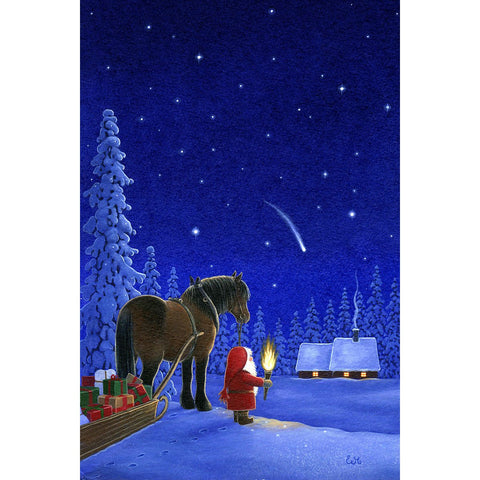 Boxed cards, Eva Melhuish Tomte with Horse at Cabin with shooting star