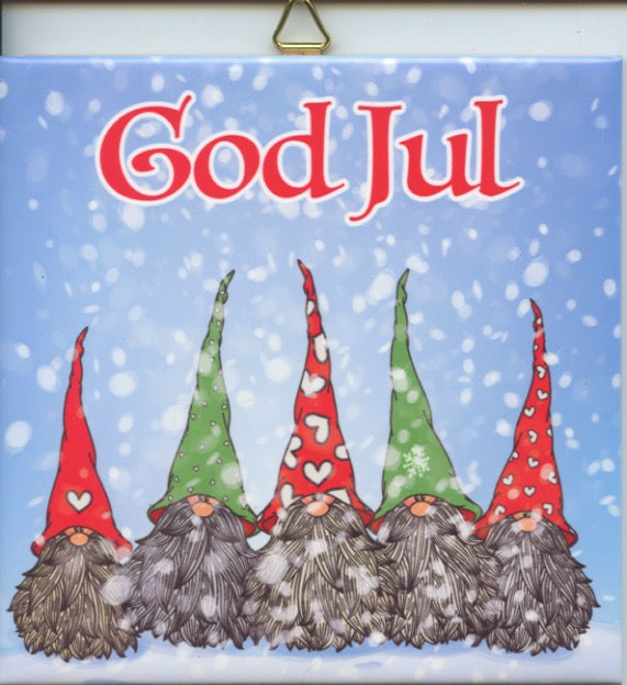 6" Ceramic Tile, God Jul Gnomes