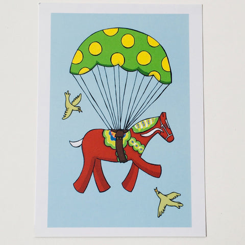 Post card, Karin Didring Parachuting Dala horse
