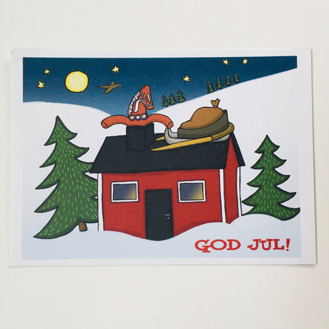 Post card, Karin Didring Dala horse with God Jul cottage