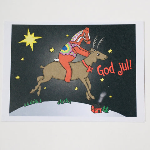 Post card, Karin Didring Dala horse riding reindeer