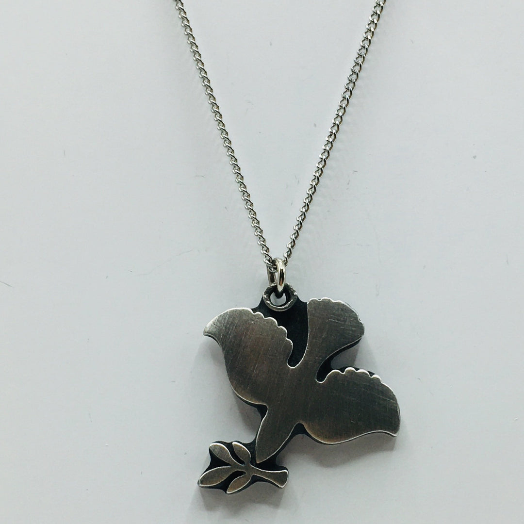 Swedish Pewter Dove with Olive Branch Pendant Necklace