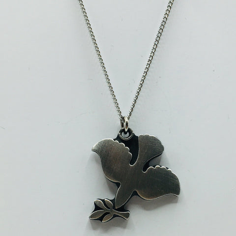 Swedish Pewter Dove with Olive Branch Pendant Necklace