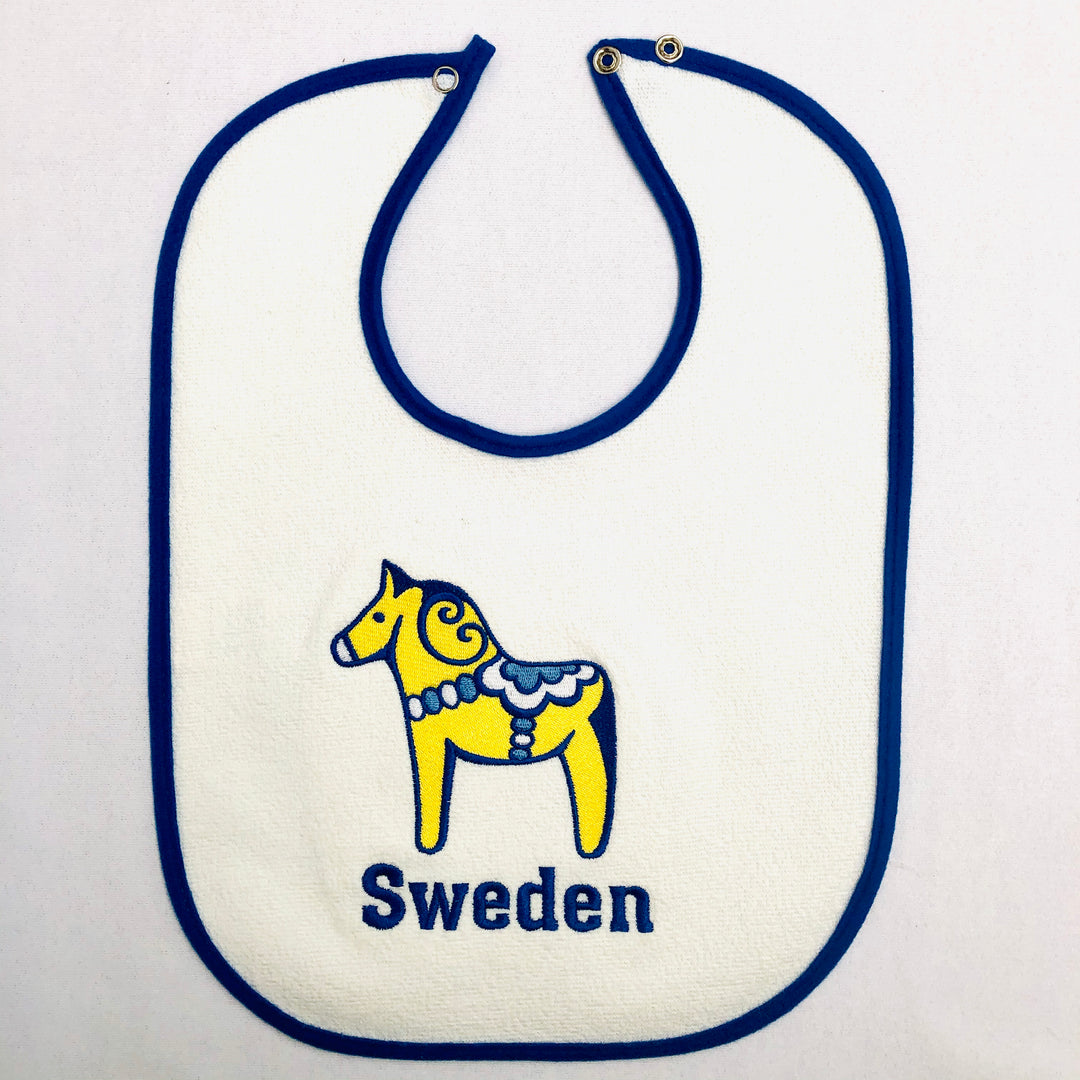 Baby Bib,  Yellow Dalahorse w/Sweden on Royal