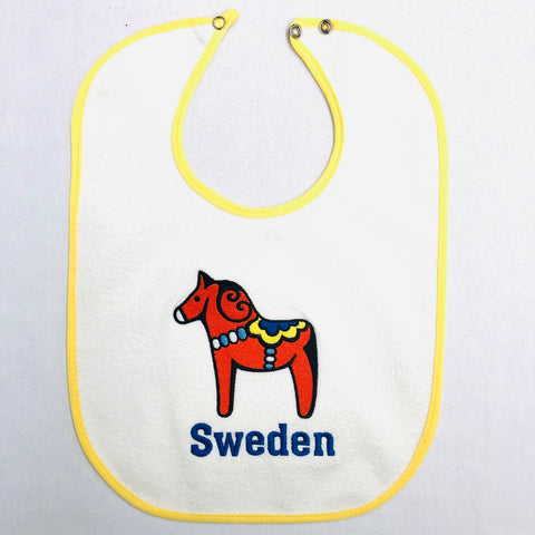 Baby Bib, Sweden Dala Horse on yellow