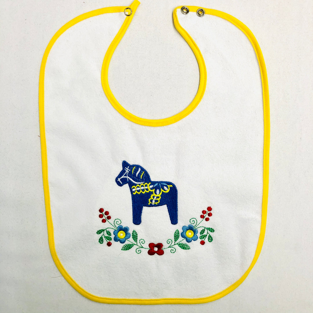 Baby Bib, Blue Dala Horse & Flowers on Yellow