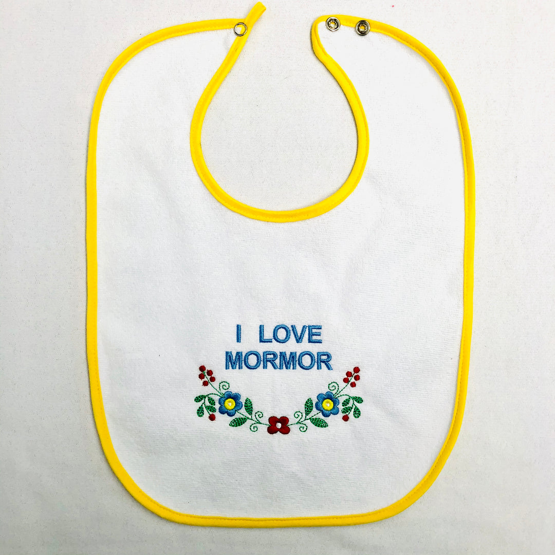 Baby Bib, I Love Mormor on Yellow