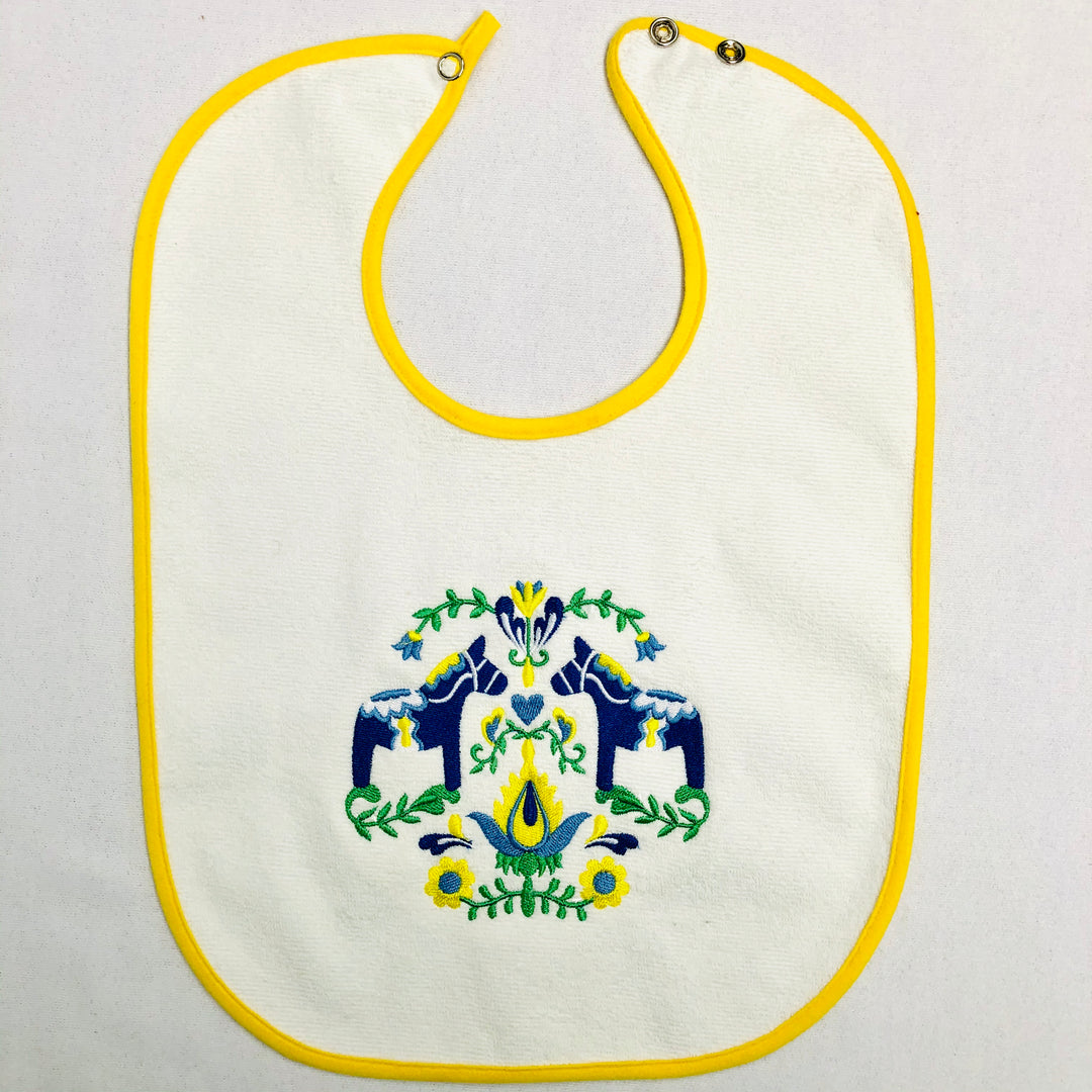 Baby Bib, Blue Dala Horses on Yellow