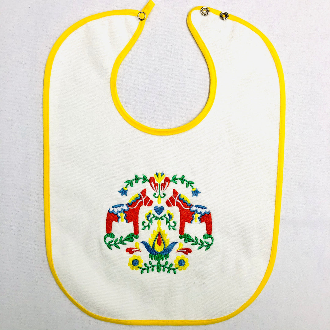 Baby Bib, Red Dala Horses & Flowers on Yellow, Green or Royal blue