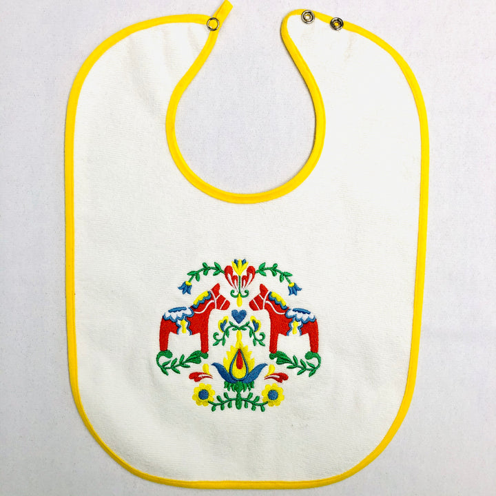 Baby Bib, Red Dala Horses & Flowers on Yellow, Green or Royal blue