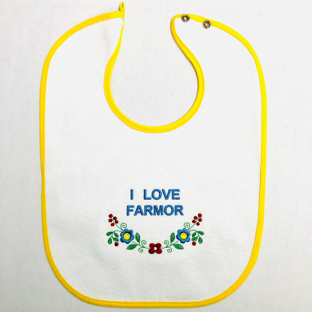 Baby Bib, I Love Farmor on Yellow