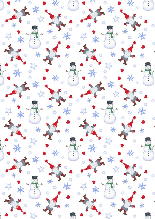 Eva Melhuish Gnome Fabric - Tomte & Snowman on White