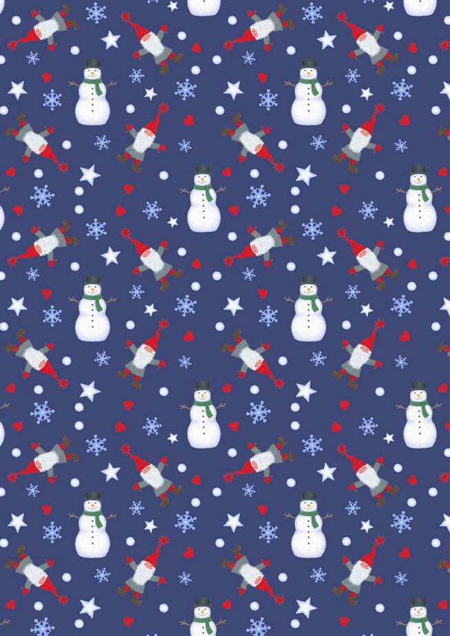 Eva Melhuish Gnome Fabric - Tomte & Snowman on Dark Blue