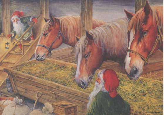 Post card, Erik Forsman Tomtar feeding horses