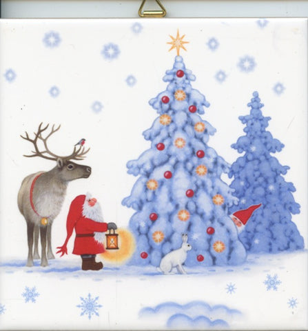 6" Ceramic Tile, Eva Melhuish Tomte & Reindeer at Tree