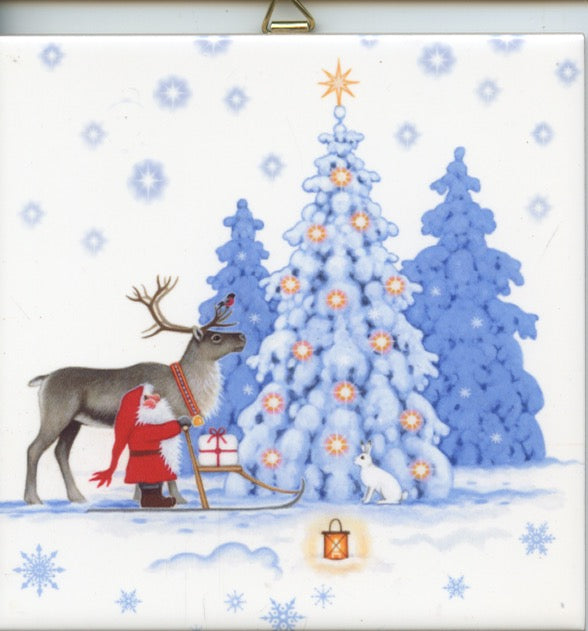 6" Ceramic Tile, Eva Melhuish Tomte & Reindeer at Tree