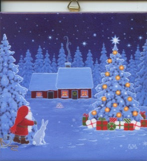 6" Ceramic Tile, Eva Melhuish, Tomte, bunny & tree at snowy cabin