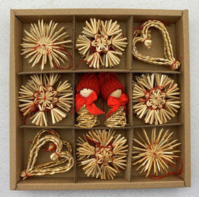 Straw ornament set, Snowflakes & Hearts - 30 pc box