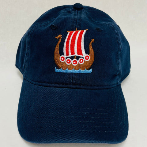 Red/White Viking ship on navy blue baseball cap