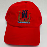Blue/Red Viking ship on red baseball cap