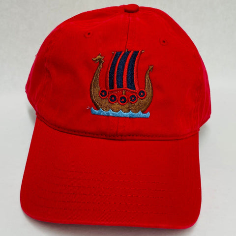 Blue/Red Viking ship on red baseball cap