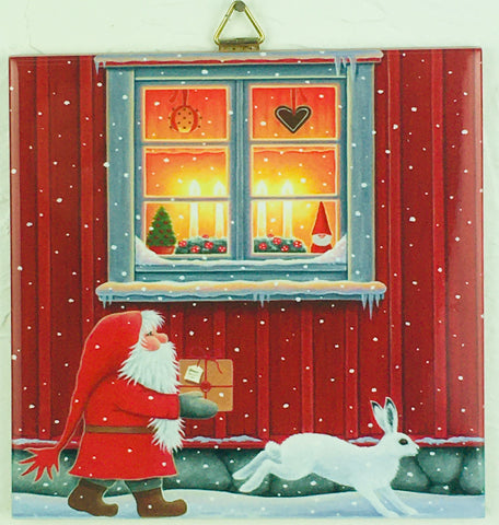 6" Ceramic Tile, Eva Melhuish, Red house with tomte & bunny