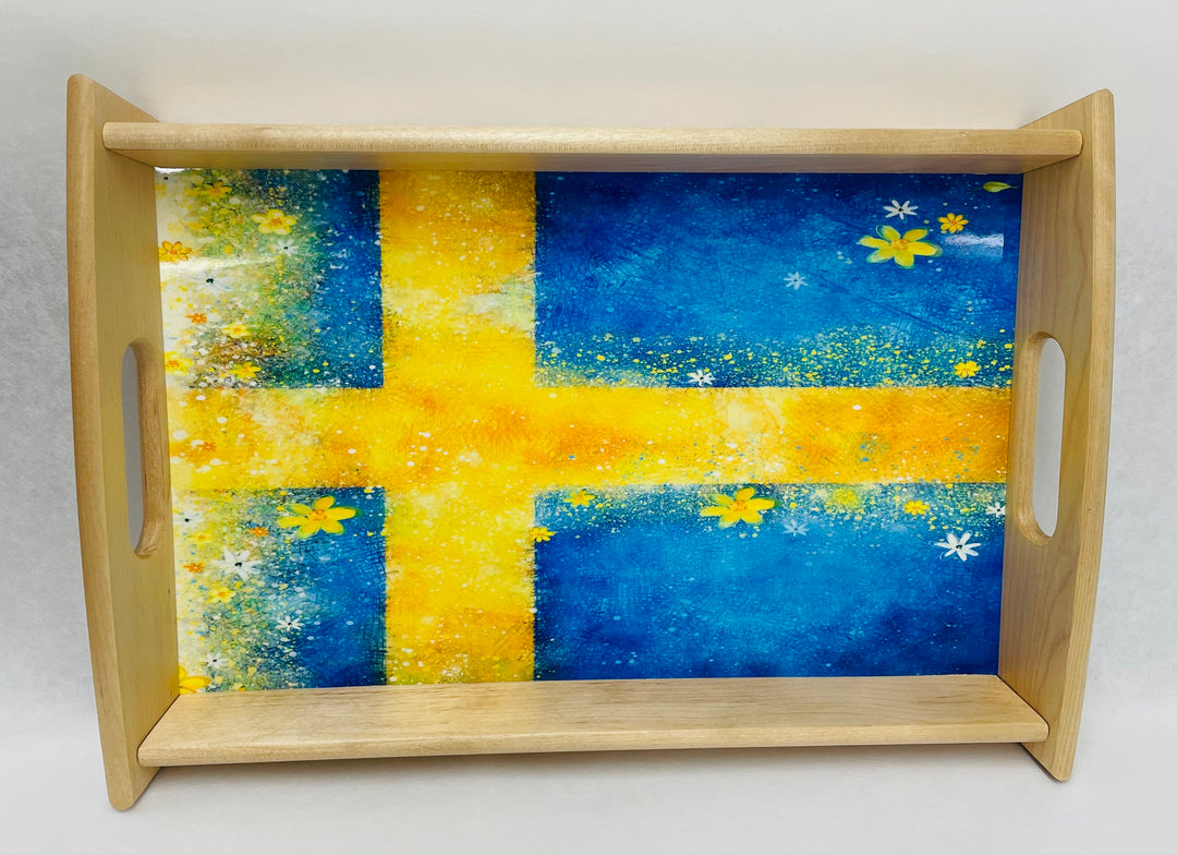 Wood Serving Tray - Swedish Flag with Flowers