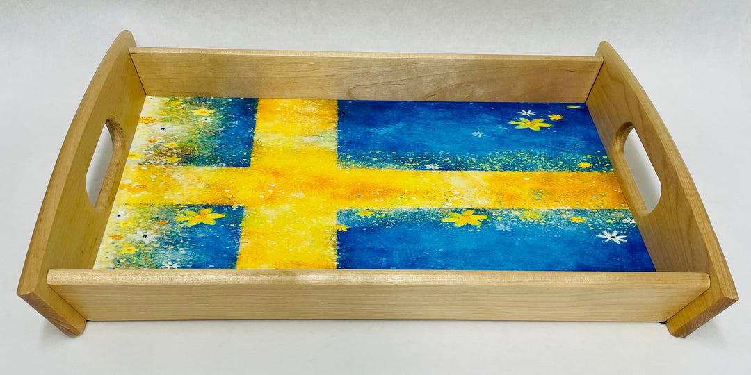Wood Serving Tray - Swedish Flag with Flowers