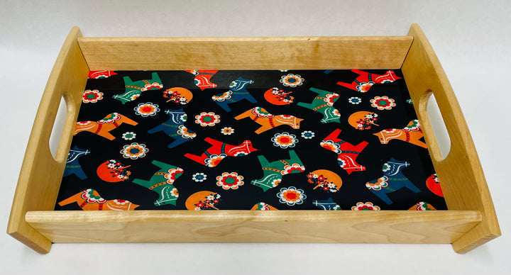 Wood Serving Tray - Dala Horses & Flowers on Black