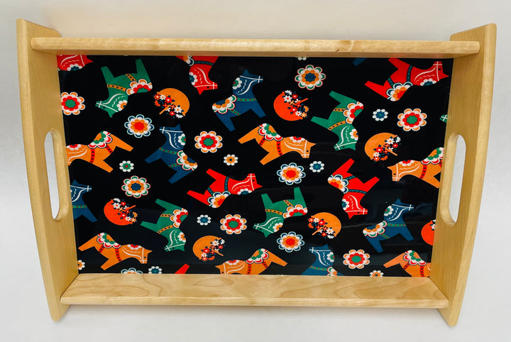 Wood Serving Tray - Dala Horses & Flowers on Black