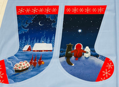 Eva Melhuish Gnome Fabric Stockings - Tomte  & Friends 1/2 yard panel with 4 stockings