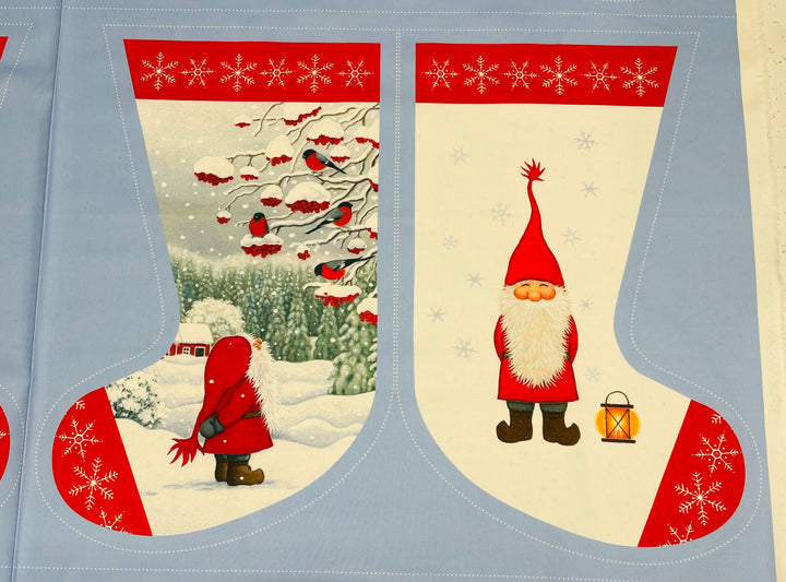 Eva Melhuish Gnome Fabric Stockings - Tomte  & Friends 1/2 yard panel with 4 stockings