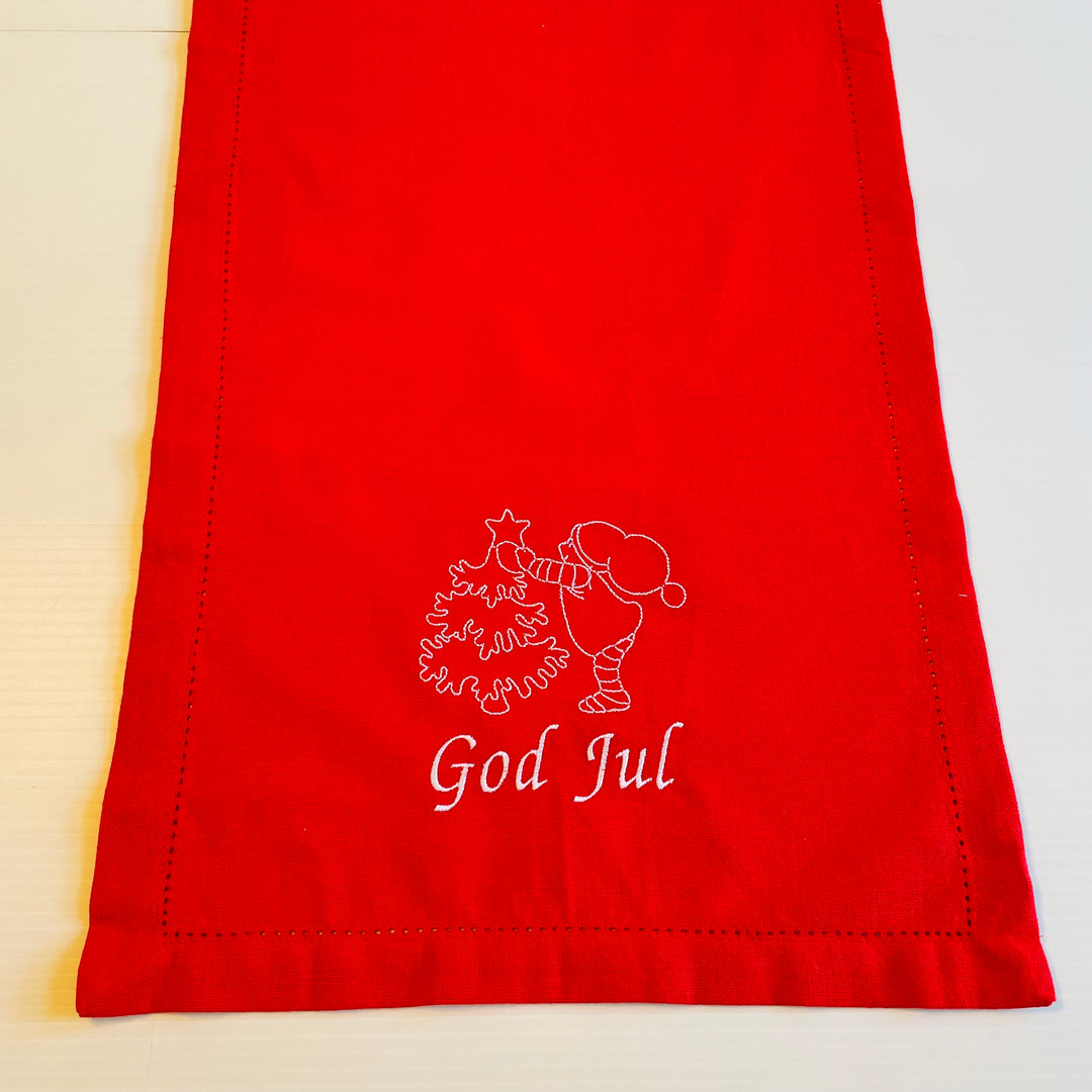 God Jul Gnome Decorating Tree Embroidered on Red 36" Runner