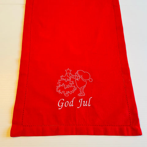 God Jul Gnome Decorating Tree Embroidered on Red 36" Runner