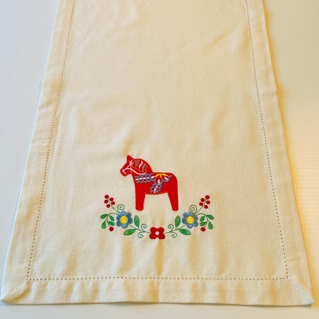 Swedish Dala horse & Flowers on Embroidered 36" Runner