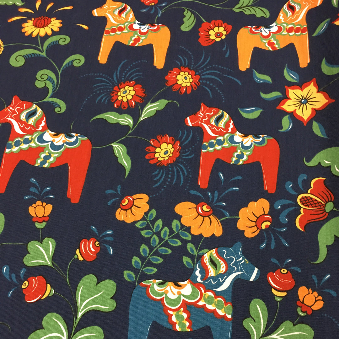 Swedish fabric - Black with Dala Horses & Kurbits