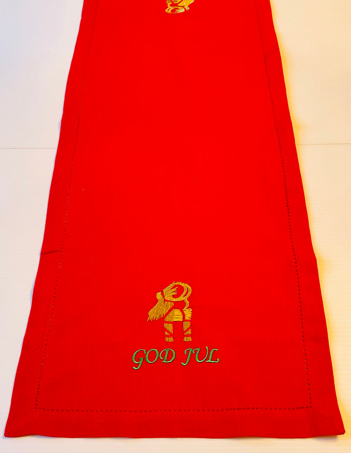 God Jul Straw Goat Embroidered on Red 36" Runner