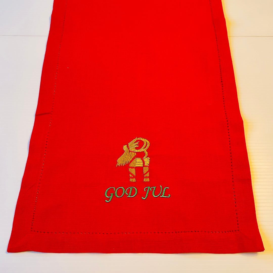 God Jul Straw Goat Embroidered on Red 36" Runner