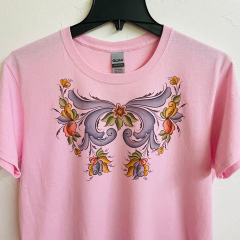 Rosemaling on Ladies Pink T-shirt
