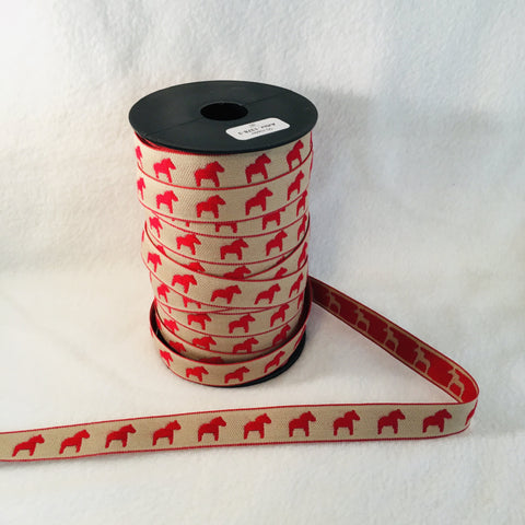 Fabric Ribbon Trim by the yard - Tan & red Dala horses