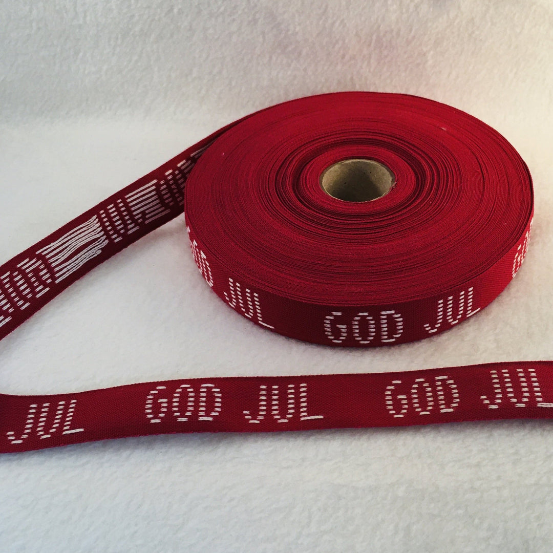 Fabric Ribbon Trim by the yard - Burgundy with white God Jul