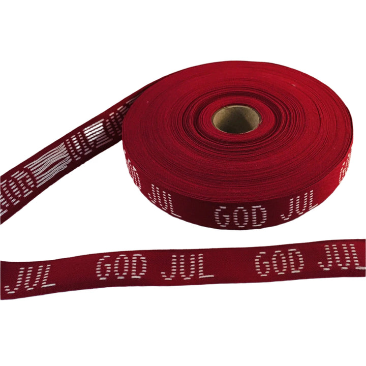 Fabric Ribbon Trim by the yard - Dark Red with White God Jul