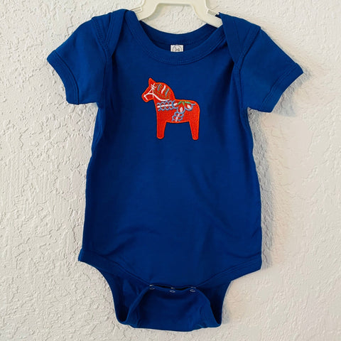 Royal Blue Baby Onezie with snaps - Embroidered Red Dala horse