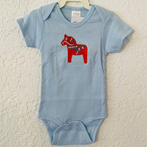 Blue Baby Onezie with snaps - Embroidered Red Dala horse