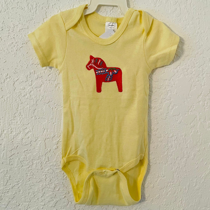 Yellow Baby Onezie with snaps - Embroidered Red Dala horse