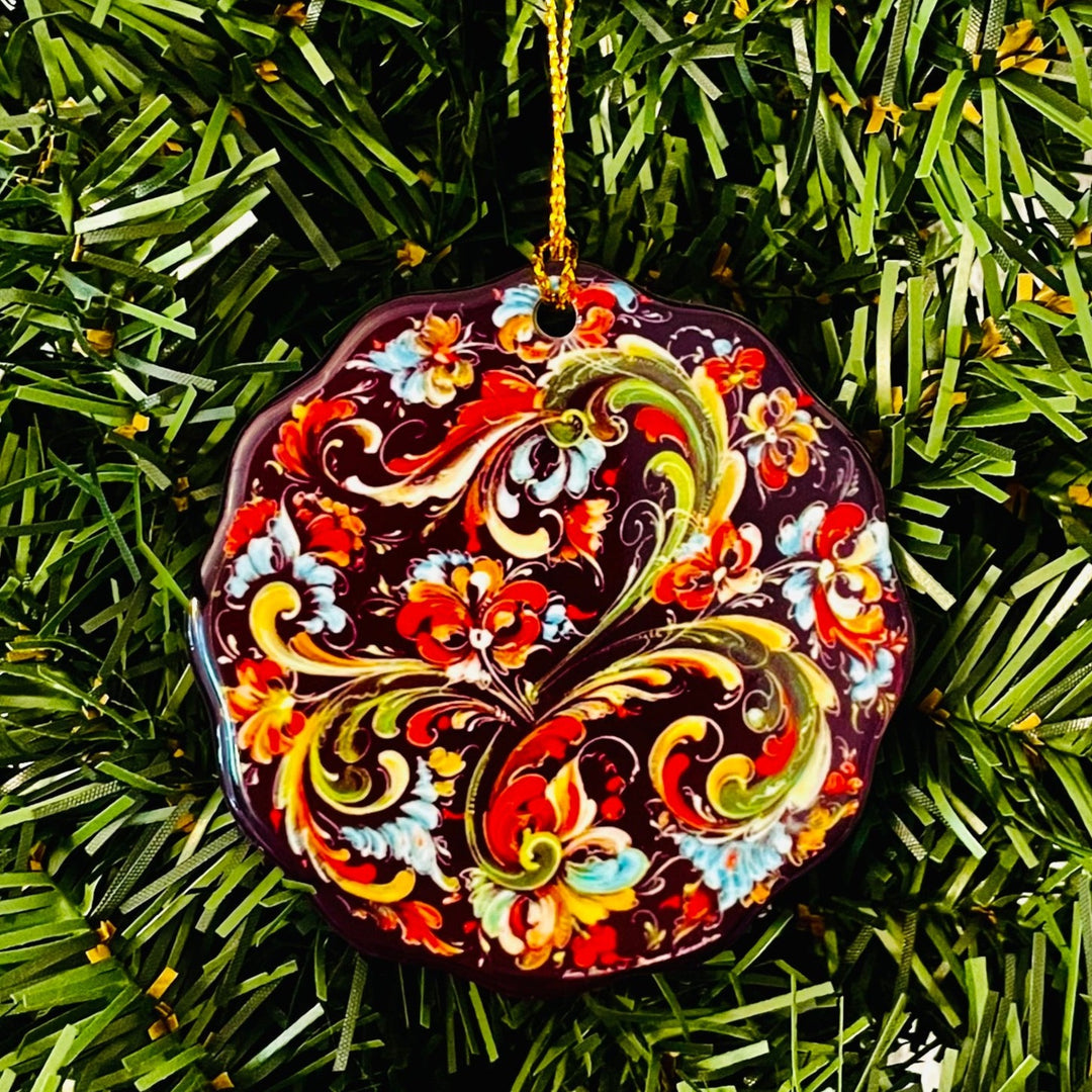 Ceramic ornament, Lise Lorentzen black rosemaling