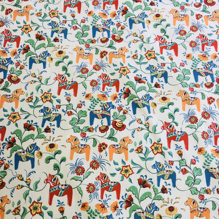 Swedish fabric - Ecru w/ Multi Color Mini Dala horses & kurbits