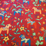 Swedish fabric - Red w/ multi color Dala horses & kurbits