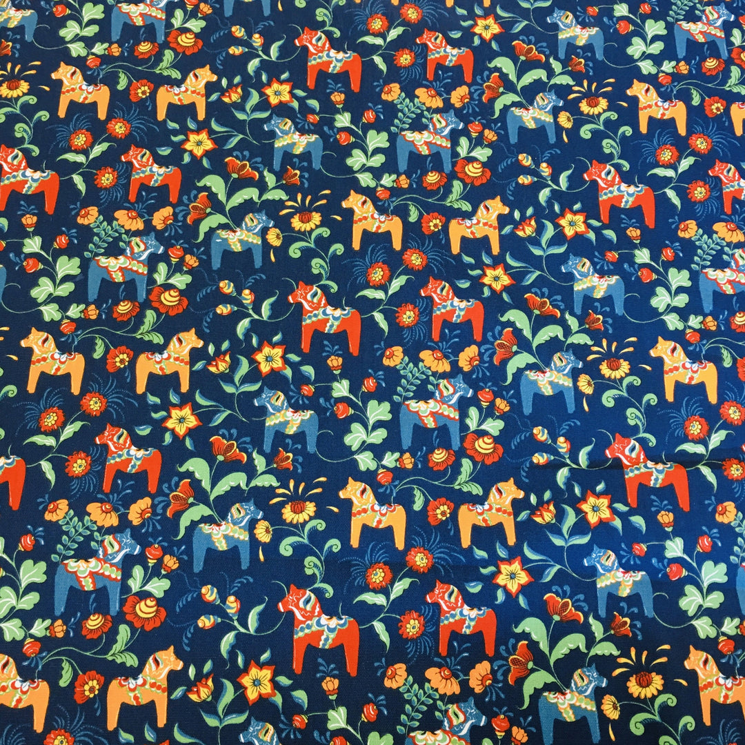 Swedish fabric - Navy w/ Multi Color Mini Dala horses & kurbits